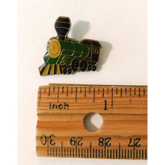 Vintage Train Locomotive Enamel Lapel Pin Green Yellow Badge Railroad Engine - Picture 2 of 3